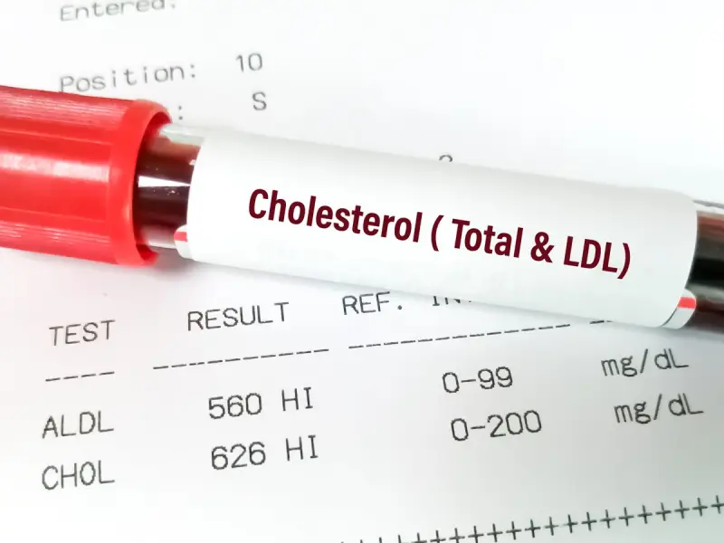 Tubo de exame de sangue com laudo de colesterol total e LDL